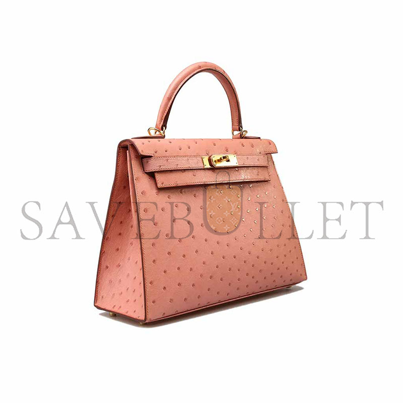 H**mes master kelly 25 ostrich ceramic pink gold hardware (25*17*7cm)